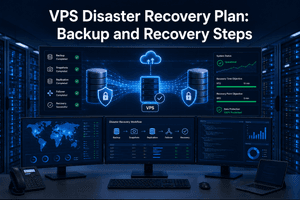 VPS disaster recovery plan showing backup systems failover replication and successful virtual server recovery