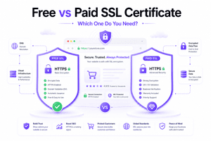 Comparison of free and paid SSL certificates highlighting website security trust and HTTPS protection