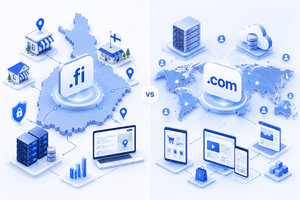 Comparison between .fi Finland domain extension and .com global domain extension for SEO, branding, and business growth.