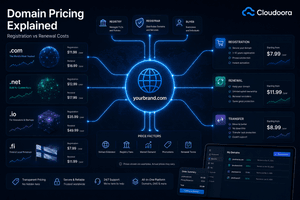 Domain pricing explained showing registration renewal and transfer costs across different domain extensions