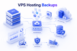 VPS hosting backup strategy showing snapshots, automated backups, disaster recovery and secure cloud storage