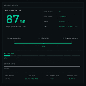 LiteSpeed LSCache server-level WordPress page caching delivering sub-100ms page generation without a caching plugin